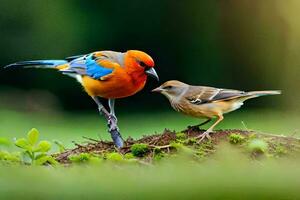 dois colorida pássaros em pé em topo do uma gramíneo campo. gerado por IA foto