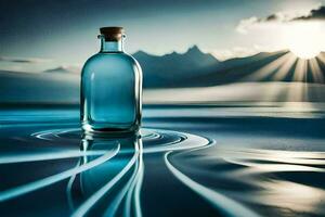 uma garrafa do água sentado em a água com montanhas dentro a fundo. gerado por IA foto
