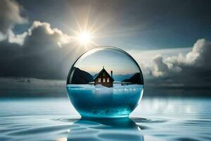 uma casa dentro uma vidro bola com água e céu. gerado por IA foto