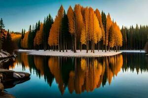 outono árvores estão refletido dentro a água. gerado por IA foto