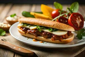 uma sanduíche com carne, queijo e legumes em uma placa. gerado por IA foto