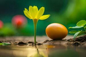 uma amarelo flor e a ovo estão crescendo Fora do a chão. gerado por IA foto