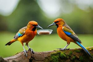 dois pássaros estão em pé em uma ramo com Comida dentro seus bicos. gerado por IA foto