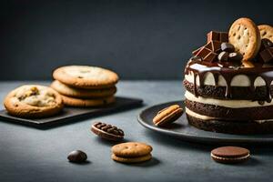 uma chocolate bolo com biscoitos e creme geada. gerado por IA foto