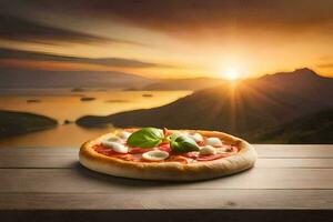 pizza em a mesa com a Sol configuração sobre a lago. gerado por IA foto