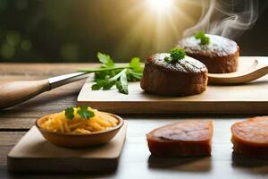 bife e queijo em uma de madeira corte borda. gerado por IA foto