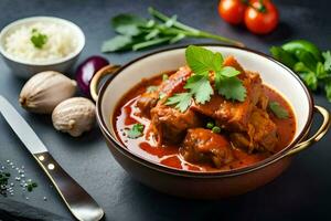 frango Curry dentro uma tigela com tomates e especiarias. gerado por IA foto