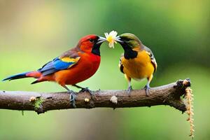 dois colorida pássaros estão sentado em uma ramo. gerado por IA foto