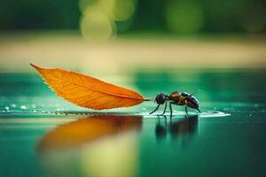 uma mosca é em pé em topo do uma folha. gerado por IA foto