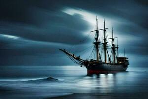 uma Navegando navio dentro a oceano às noite. gerado por IA foto
