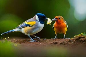 dois pássaros em pé em a terra com 1 comendo uma flor. gerado por IA foto