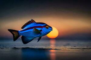 uma peixe é recortado contra a pôr do sol. gerado por IA foto