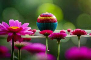 uma colorida ovo sentado em topo do uma grupo do Rosa flores gerado por IA foto