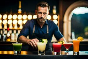 uma barman preparando bebidas às uma bar. gerado por IA foto