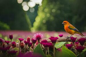 uma pequeno laranja pássaro é empoleirado em uma ramo dentro uma campo do flores gerado por IA foto