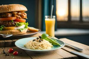 uma ampla Hamburger e espaguete em uma mesa. gerado por IA foto