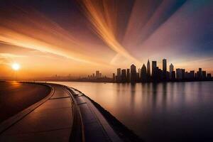 a cidade Horizonte é visto dentro a distância às pôr do sol. gerado por IA foto