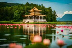 uma pagode senta em a água cercado de Rosa lótus. gerado por IA foto