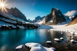 foto papel de parede a céu, montanhas, água, neve, montanhas, lago, água, montanhas,. gerado por IA