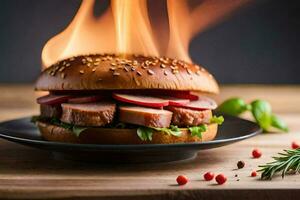 uma Hamburger com carne e legumes em uma Preto placa. gerado por IA foto
