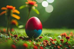 a Páscoa ovo é sentado dentro a Relva com flores gerado por IA foto