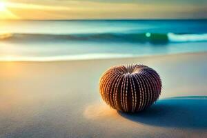 uma mar Estrela senta em a de praia às pôr do sol. gerado por IA foto