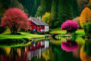 uma vermelho casa senta em uma Colina negligenciar uma lago. gerado por IA foto