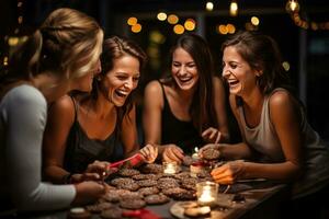 festivo fêmea amigos desfrutando a feriado espírito dentro uma acolhedor foto