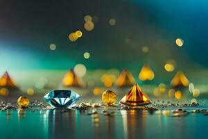 diamantes em uma mesa com uma azul fundo. gerado por IA foto