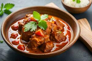 frango Curry dentro uma tigela com arroz e guarnição, enfeite, adorno. gerado por IA foto