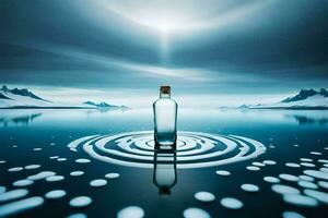 uma garrafa do água dentro a meio do uma lago com uma circular padronizar. gerado por IA foto