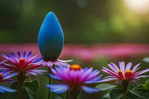 uma azul flor é sentado em topo do uma campo do Rosa flores gerado por IA foto