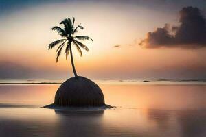 uma solitário Palma árvore carrinhos em a de praia às pôr do sol. gerado por IA foto