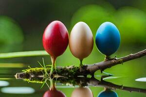 três colori ovos em uma ramo dentro água. gerado por IA foto