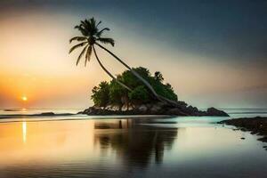 a Sol conjuntos em uma de praia com Palma árvores gerado por IA foto