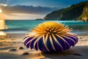 uma roxa flor senta em a de praia às pôr do sol. gerado por IA foto