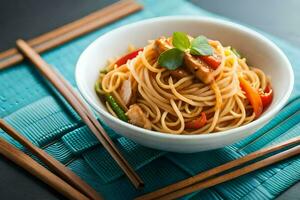 chinês Macarrão dentro uma tigela com pauzinhos. gerado por IA foto