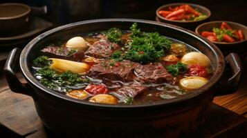 uma delicioso carne caldo com com osso carne bovina, carbonizado vegetais, alho, e especiarias foto