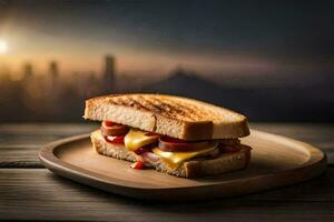 a sanduíche é em uma de madeira prato com uma de madeira fundo. gerado por IA foto