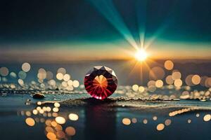 uma vermelho diamante em a de praia com a Sol brilhando. gerado por IA foto