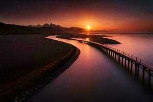 uma grandes ponte sobre uma corpo do água às pôr do sol. gerado por IA foto