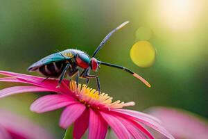 uma erro com vermelho e verde listras em Está costas é sentado em uma Rosa flor. gerado por IA foto