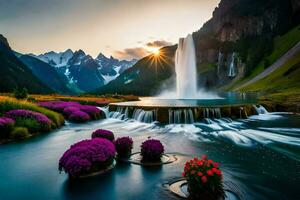 a cascata dentro a montanhas. gerado por IA foto