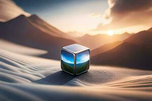 uma cubo sentado em topo do uma montanha com uma pôr do sol dentro a fundo. gerado por IA foto