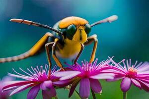 uma vespa é empoleirado em alguns roxa flores gerado por IA foto