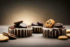 chocolate biscoitos e biscoitos em uma Sombrio fundo. gerado por IA foto