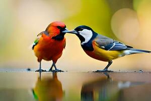 dois colorida pássaros em pé em uma molhado superfície. gerado por IA foto