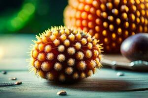 uma fechar acima do uma fruta em uma mesa. gerado por IA foto