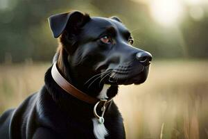 uma Preto cachorro com uma colarinho sentado dentro uma campo. gerado por IA foto