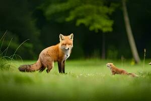 uma Raposa e dois pequeno animais dentro uma campo. gerado por IA foto